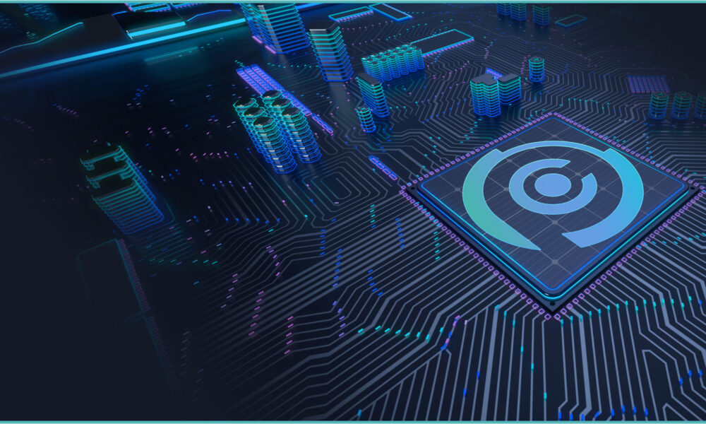 CPU Chip on Motherboard - abstract 3D render of a computer processor chip on a circuit board with microchips and other computer parts